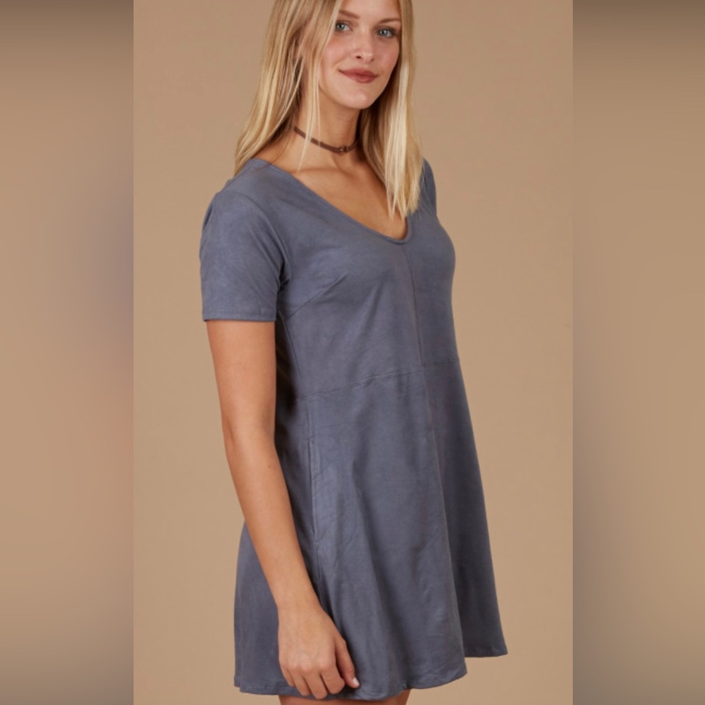 Altar’d State Blue Faux Suede Mini Dress Size S V-Neck Short Sleeve Boho